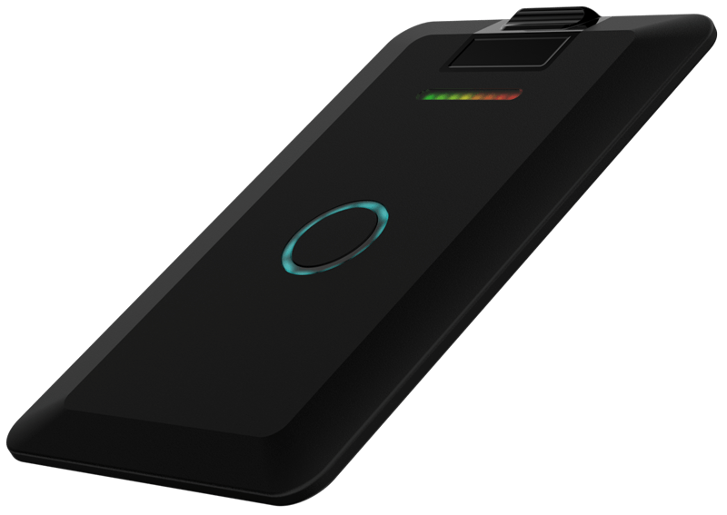 Zepto vaporizer shown at an angle, revealing its slim credit card profile
